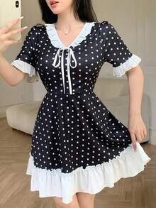 Modelyn Women's Colorblock Patchwork Ruffle Hem Polka Dot Print Short Dress - Beige - View 1