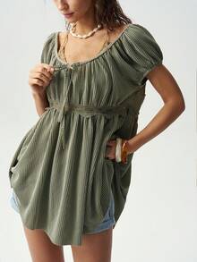Bohemela Women's Casual Elegant Cottage Core Boho Solid Color Knit Scoop Neck Short Sleeve T-Shirt Vacation Sage Green Summer - Army Green - View 6