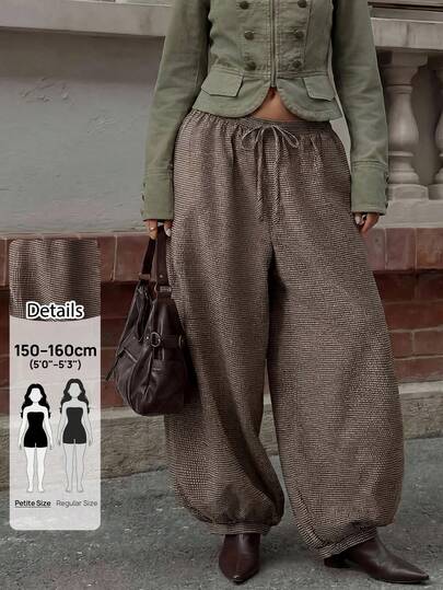 SHEIN PETITE Celana Panjang Wanita Kasual Oversized Motif Kotak-kotak Model Lentera, Gaya Baru 2026 untuk Musim Panas dan Gugur, Berkualitas Tinggi, Modis, Cocok untuk Pesta, Bar, dan Perjalanan, Wanita Bertubuh Mungil