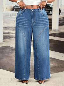 Slaydiva Plus Size Women's All Season Split Rivet Pocket Dark Blue Denim Jeans - Dark Wash - View 6