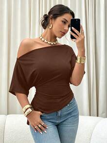 Elenzga Plus Size Women's Asymmetric Collar Sleeveless Casual T-Shirt Top, Spring/Summer - Brown - View 6