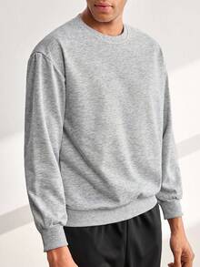 Men's Casual Sports Sweatshirt - Solid Color, Long Sleeve, Knit Fabric, H-Silhouette, Suitable For Hiking And Outdoor Activities, Polyester Material, Crew Neck, Sporty Autumn/Winter Top Spring - Light Grey - View 5