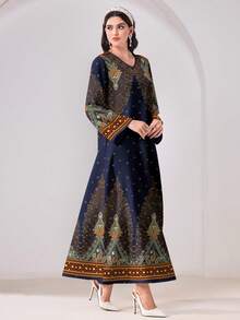 Al Najma Casual Minimalist Conservative Arabic Cashew Print Long Sleeve Dress - Multicolor - View 5