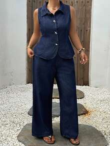 Dazy Plus Dark Wash Blue Denim Set, Fitted Sleeveless Denim Top With Starfish Button Decor, Loose Long Denim Pants, Plus Size Women Spring Summer - Dark Wash - View 2