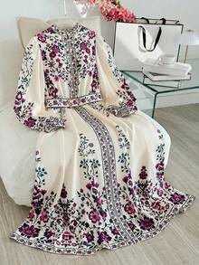 Modelyn Gaun Elegan Lengan Panjang Motif Bunga untuk Wanita - Purple - View 1
