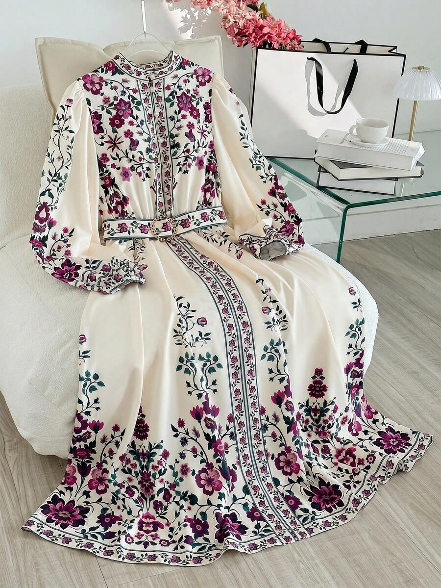 Modelyn Gaun Elegan Lengan Panjang Motif Bunga untuk Wanita - Purple - View 1