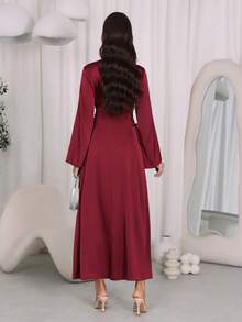 Al Najma Women's Elegant Long Sleeve Arabic Style Dress With Rhinestone Decoration - Burgundy - View 3
