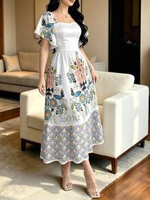 Modelyn 女款花卉印花方領短泡泡袖優雅中長洋裝 - 彩色 - 查看 3