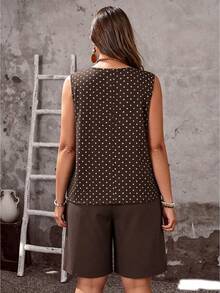 EMERY ROSE Vintage Brown Polka Dot Print Plus Size Women's Tank Top & Shorts 2-Piece Set, Suitable For Summer - Multicolor - View 2