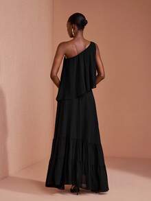 JIAN LASALA Black Chiffon One Shoulder Ruffle Hem Uneven Sleeveless Long Dress Party Vacation - Black - View 2
