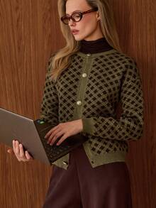 SHEIN Vintage Geo Pattern Contrast Trim Button Front Cropped Knit Cardigan Round Neck Long Sleeve Brown Green Textured Sweater Jacket - Green - View 2