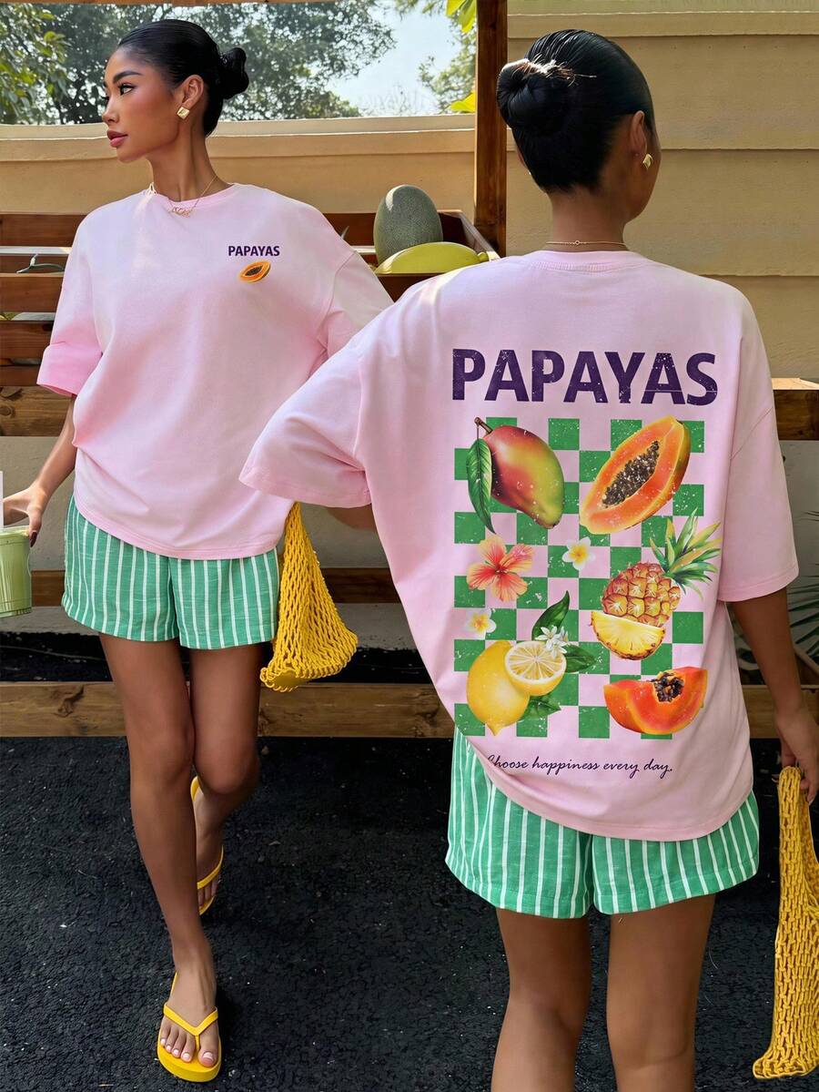 Muchica Women's Summer Green And Pink Loose Vacation Two Pieces Set, Tropical Fruit Print Round Neck Short Sleeve T-Shirt And Striped Shorts Outfit, Suitable For Spring Wear. - Multicolor - View 1