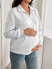 SHEIN Maternity Solid Color Raglan Long Sleeve Casual Loose Nursing Sweatshirt Winter Fall/Winter Casual - Grey - View 5
