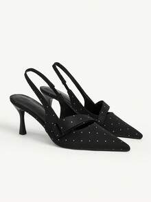 CUCCOO CHICEST Women Shoes Black Canvas Bow Pointed Toe Middle Heel Back Trip Band Women's Shoes Suitable For Daily Commuting Dating Slingback Shoes Fall Shoes - Black - View 6