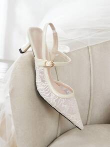 CUCCOO HITCHD 女款植物網布刺繡尖頭高跟鞋 - 杏色C - 查看 2