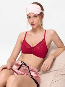 Bonmuse 1pc Women's Casual Wireless Lace Bra With Adjustable Straps, Sexy & Breathable - Red - View 10