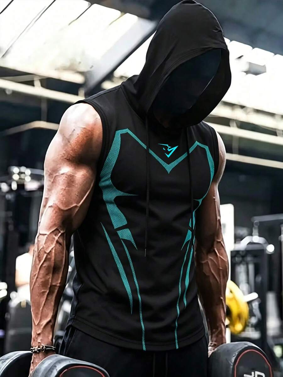 GymBeat Men's Geometric Print Drawstring Hooded Sports Tank Top - Multicolor - View 1