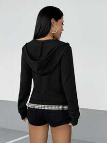 StreetHx Streetwear 2000s 90s Y2k Black And Red Slim Fit Hooded Sweatshirt Jacket Gothic Pattern Print Long Sleeve Sweatshirt Daytime Everyday Going Out Spring - Black - View 2