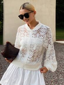 DAZY Women's Loose Lace Crew Neck Regular Jacket Day Party Rave White Summer Elegant - White - View 3