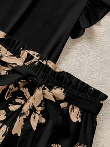EMERY ROSE Elegant Solid Color Ruffle Top And Printed Shorts Two Pieces Set, - Multicolor - View 4