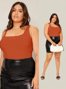 SHEIN BASICS Camiseta de tirantes de cuello redondo liso para verano talla grande - Óxido marrón - Ver 1