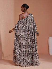 JIAN LASALA Multicolor All-Over Print Chiffon Off-Shoulder Women Boho Maxi Dress Batwing Sleeve - Multicolor - View 2