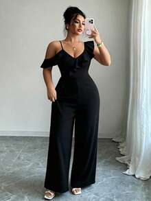 Selianne Mono de verano informal de talla grande con cuello asimétrico y volantes en unicolor - Negro - Ver 5