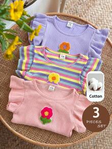 LMoss Kids Baby Girl 3pcs Knitted Solid Color Striped 3D Floral Round Neck Tank Tops - Mauve Purple - View 3