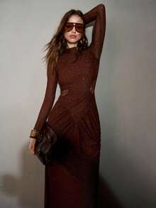 MOTF PREMIUM Vestido elegante de mujer con diseño plisado elástico y brillo para otoño, ajuste ceñido - Café integral - Ver 4