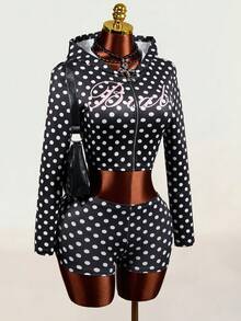 Mistrie Polka Dot Print Cropped Hoodie & Shorts 2 Pieces Set - Multicolor - View 3