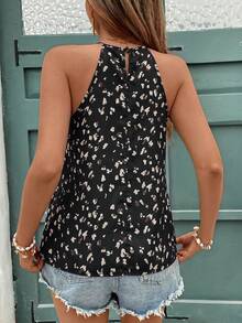 SHEIN Frenchy 女款全印花抓皺休閒百搭日常穿搭掛脖上衣 - 黑色 - 查看 2