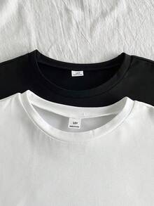 SHEIN 青少年女孩 2件組 夏季休閒度假與通勤簡約純色不對稱蕾絲下擺T恤 - 黑與白 - 查看 6