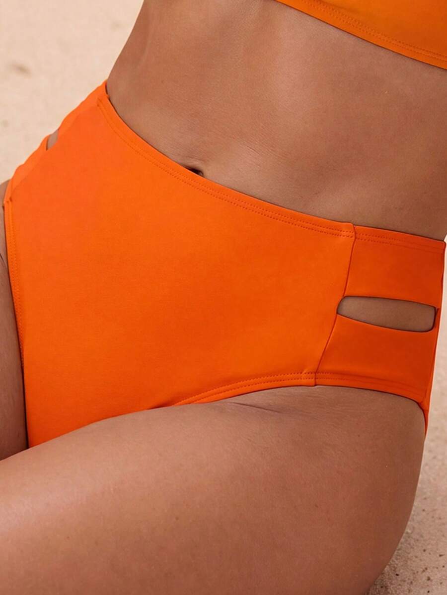 Swim Basics 2026春夏女款橘色側高衩鏤空設計性感比基尼泳褲,適合度假 - 橘色 - 查看 1