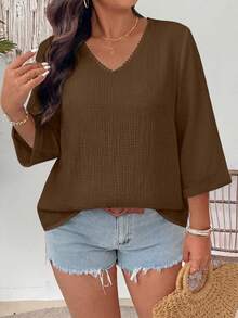 EMERY ROSE Plus Size Versatile Cotton Linen Textured V-Neck Floral Blouse Fall - Rust Brown - View 3