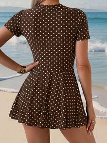 Swim Shayni Women's Polka Dot Short Sleeve Jumpsuit And Mini Skirt Burkini Two-Piece Swimsuit Set, Suitable For Summer Vacation - Brown - View 2