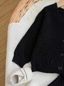 SHEIN Baby Girl Solid Color V-Neck Long Sleeve Top And Pants Casual Daily Knit Set - Black - View 5