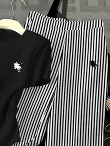 復古時尚迷你 Logo 圖案休閒條紋長褲，青少年女孩極簡休閒時尚修身腰部抓皺 T-shirt 上衣與寬鬆長褲兩件套，適合春/夏休閒日常穿著、街頭風、外出、度假、返校 - 白色 - 查看 6