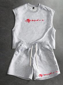 PAVTROS Men's Plus Size Slogan Graphic Top And Drawstring Waist Shorts Casual Daily Outfit - Grey - View 2