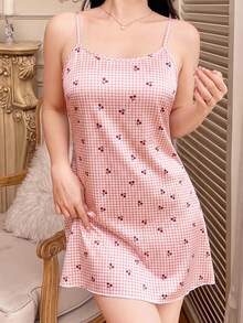 Softscene 女款粉色格紋櫻桃印花緞面細肩帶睡裙 - 粉色 - 查看 3