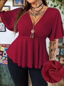 Whyspr Plus Size Summer Simple Solid V-Neck Ruffle Sleeve Hem T-Shirt - Burgundy - View 1