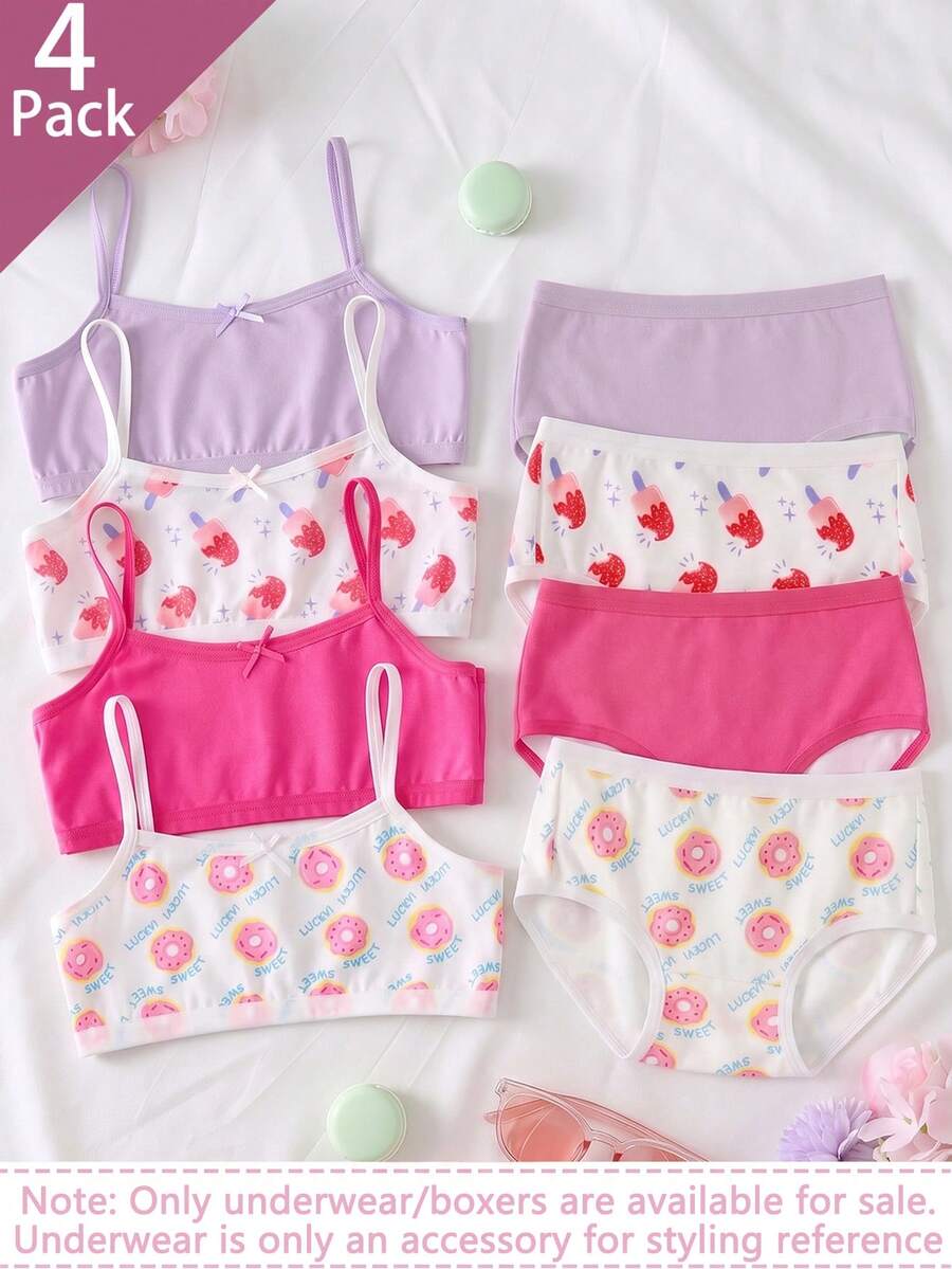 SHEIN Juego de 8 piezas de ropa interior para niñas pequeñas con cuello redondo, sin mangas, tipo calzoncillo, multicolor con estampados de comida, donas e helados, esencial diario de capa base, tela suave y transpirable, cintura elástica de alta calidad que proporciona comodidad con estilo y durabilidad duradera para juego activo - Multicolor - Ver 1