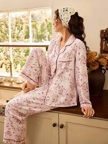 Tulorae Floral Print Contrast Piping PJ Set Light Pink Pajama Set Pink Floral Pajama Set Floral Pj Set Vintage Pajama Set , Fall Winter Clothes - Pink - View 4