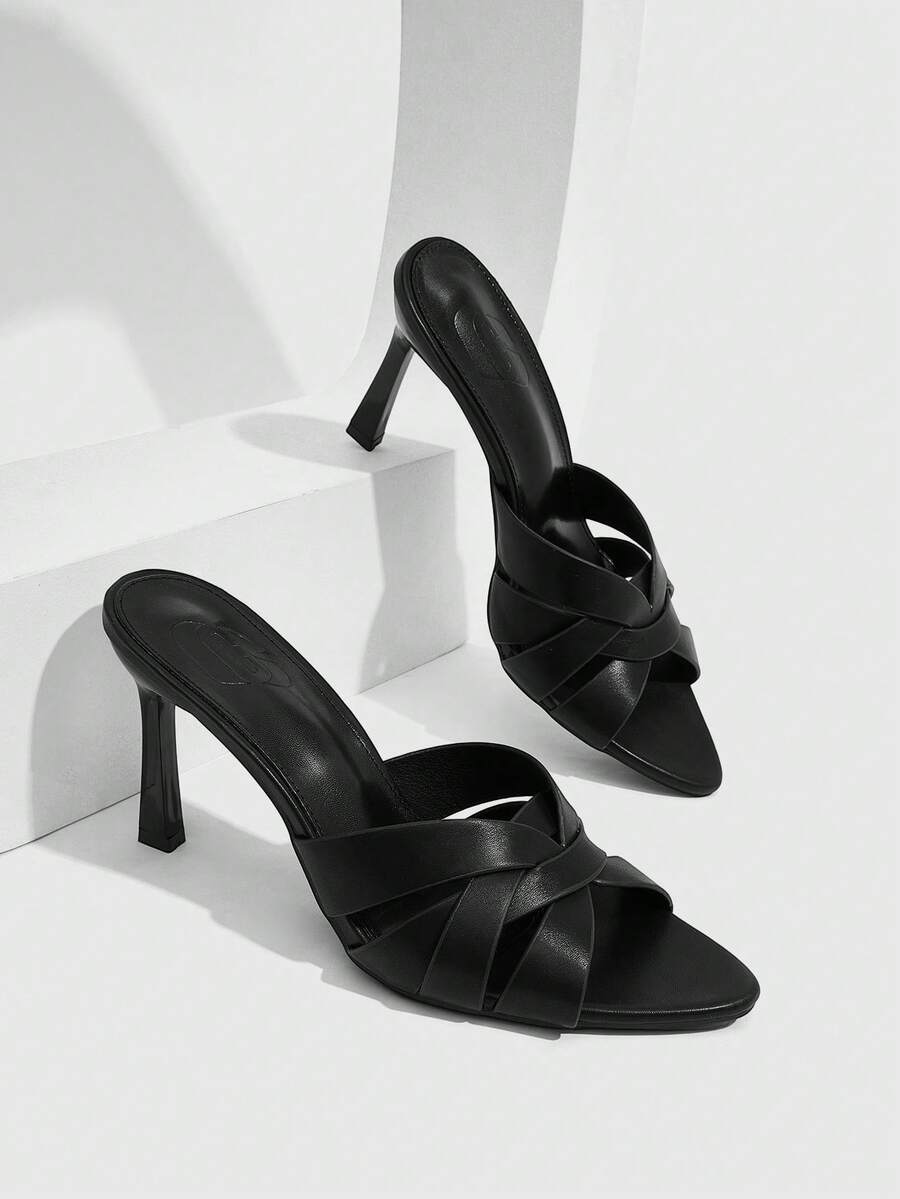 CUCCOO SZL Black Cross-Woven Square Toe High-Heeled Sandals, Commuter Slouchy Model. - Black - View 1
