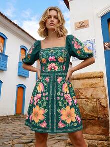 CAJUNI Women's Vacation Floral Print Square Neck Short Puff Sleeve Elegant Dress - Dark Green - View 3