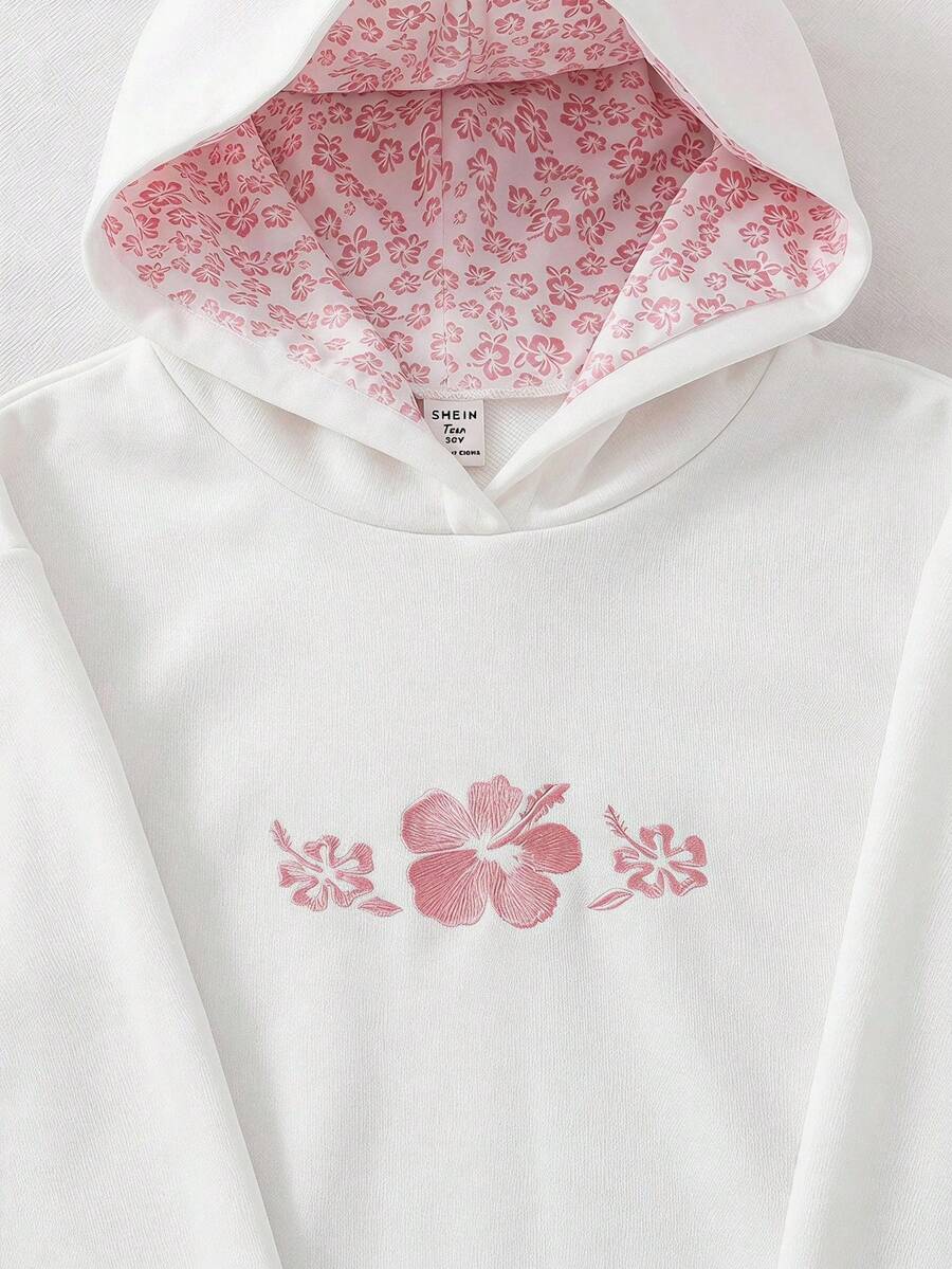 青少年女孩休閒時尚可愛粉色花卉刺繡套頭運動衫 - 白色 - 查看 1