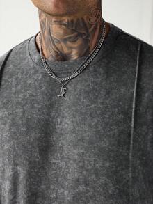 Manfinity Homme 男士休閒風水洗復古布料拼接設計寬鬆棉質T恤，夏季 - 深灰色 - 查看 7