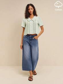 lacRébo High Waist Wide Leg Cropped Denim Jeans Washed Distressed French Style Streetwear Casual Pure Cotton Holiday Aqua Blue Autumn Everyday - Dark Wash - View 4