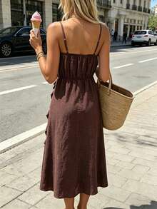 SHEIN PariChic Women's Elegant Coffee Brown Summer Vacation Holiday Dress,Niche Design Mid-Length Spaghetti Strap,Ruffle Hem,Fitted A-Line French Casual Style - Coffee Brown - View 2