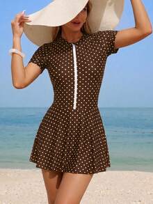 Swim Shayni Women's Polka Dot Short Sleeve Jumpsuit And Mini Skirt Burkini Two-Piece Swimsuit Set, Suitable For Summer Vacation - Brown - View 6
