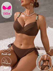 Swim DD+ 女款串珠裝飾背心上衣與三角比基尼泳褲泳衣套裝 - 棕色 - 查看 3